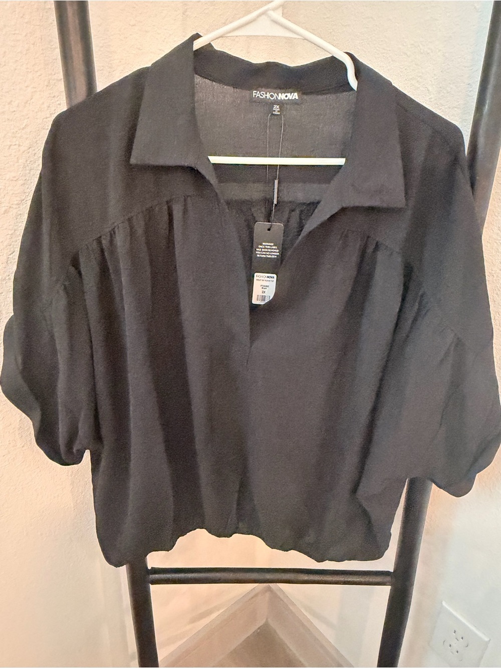 Fashion Nova Black V-Notch Collared Puff Sleeve Top